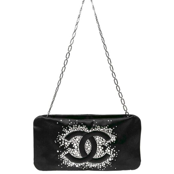 Chanel Black Satin Crystal CC Clutch Chain Evening Bag Rare Designer - Picture 2 of 9